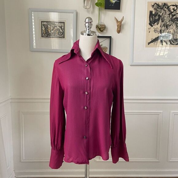 Vintage 70s Cranberry Crepe Dagger Barrymore Collar Blouse XS - Picture 2 of 8
